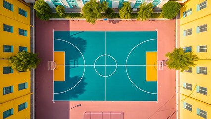 Vibrant aerial view of an outdoor basketball court bathed in sunlight surrounded by colorful buildings