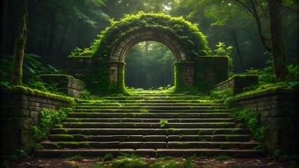 Ancient moss covered stone archway and overgrown stairs leading into a mystical sun dappled forest clearing