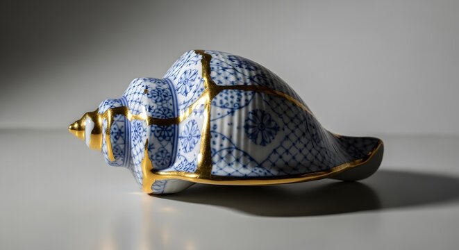 Elegant porcelain seashell with blue and gold kintsugi design