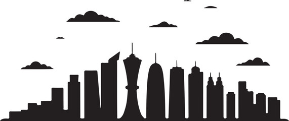Black silhouette of Doha skyline, includes Aspire Tower, skyline towers, Qatar skyline in flat black silhouette