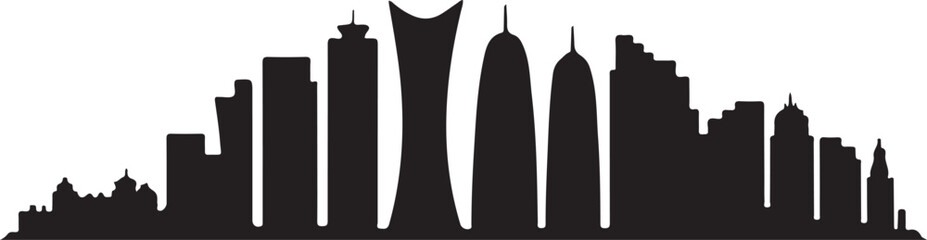 Black silhouette of Doha skyline, includes Aspire Tower, skyline towers, Qatar skyline in flat black silhouette