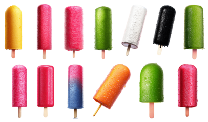 Collection of various Ice cream on a stick, multi-colored isolated on transparent background