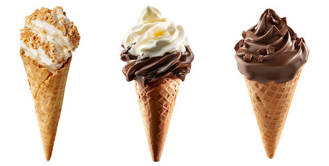 Set of various chocolate, vanilla ice cream in a waffle cone isolated on transparent background
