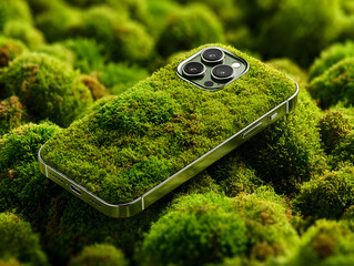 A smartphone in a clear case covered in vibrant green moss, blending nature and technology.