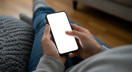 Person relaxing on a comfortable couch and holding a smartphone with a blank screen horizontally. Perfect for technology or entertainment mockups.