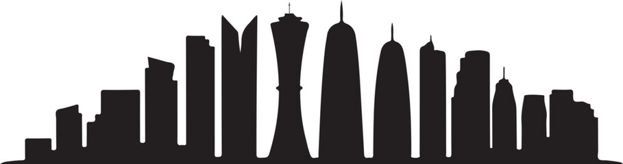 Black silhouette of Doha skyline, includes Aspire Tower, skyline towers, Qatar skyline in flat black silhouette