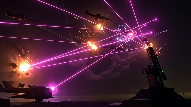 Dramatic night scene depicting military aircraft engaged in a vibrant laser battle over a city skyline