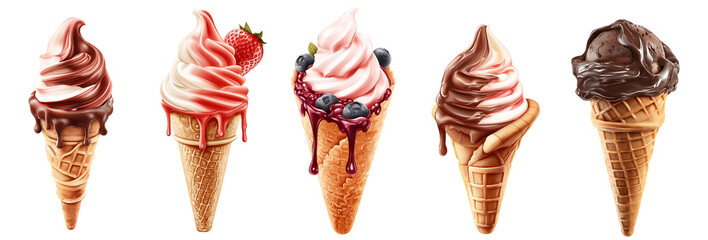Collection of various ice cream cones with chocolate, blueberry, vanilla, strawberry and pistachio isolated on transparent background