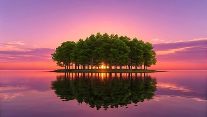 Serene island of lush green trees reflected in calm water under a vibrant purple and orange sunset sky