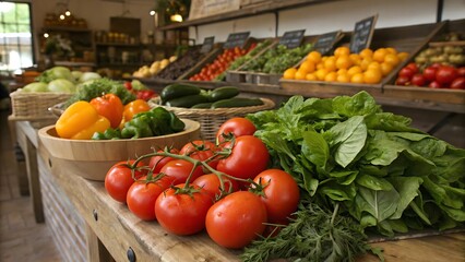 A display of fresh produce at a market with tomatoes peppers and other vegetables on wooden shelves