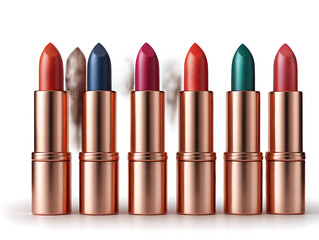 Fototapeta premium Collection of colorful lipsticks in rose gold tubes arranged in a row