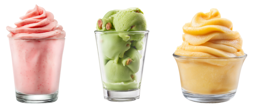 Set of various Glasses filled with pistachio, strawberry, mango and blueberry ice cream isolated on transparent background