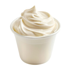A dollop of whipped cream in a small cup, presented against a white background.