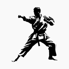 Fototapeta premium Karate Fighter Simple Vintage Flat Icon Shape, Man Icon Fighter Symbol Black Design, Black Fighter, Man Fighter Cartoon Sign Vector Illustration Single Art Design