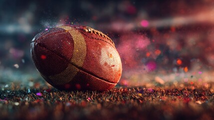 A weathered American football rests on a field amidst a celebratory explosion of confetti and colored smoke under stadium lights