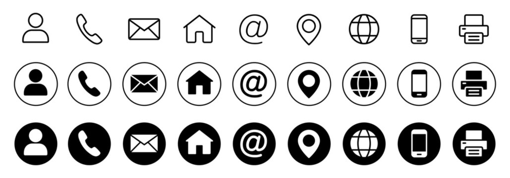 Contact icon set, contact us in line and solid style. Business card or website icons set address, location, number, fax, email, phone, website, message, name icon collection, communication contact