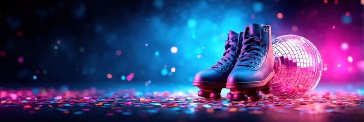 A pair of black roller skates resting against a sparkling disco ball on a colorful, confetti-covered floor under vibrant neon lights.