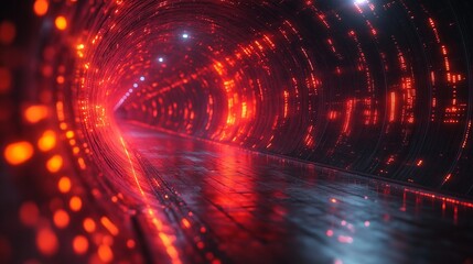 Futuristic secure digital network with glowing red data tunnels and abstract cyber grid.