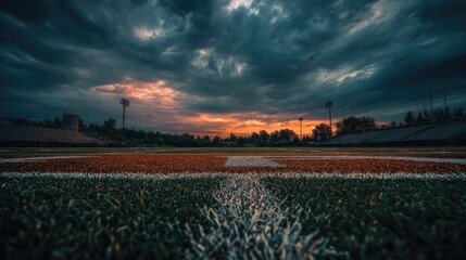 A dramatic sunset casts fiery hues across a mostly empty football field, ominous storm clouds looming overhead, stadium lights silhouetted against the sky