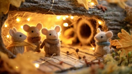 Obraz premium Cozy autumn woodland scene with knitted mice and warm fairy lights
