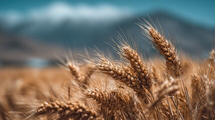 Close-up of ripe wheat heads in a field.