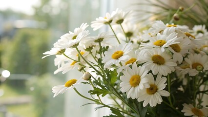 A close up of a bouquet of white daisies with yellow centers near a bright window background indoors