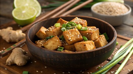 A bowl of sesame tofu with green onions and ginger root on a wooden board with limes and rice