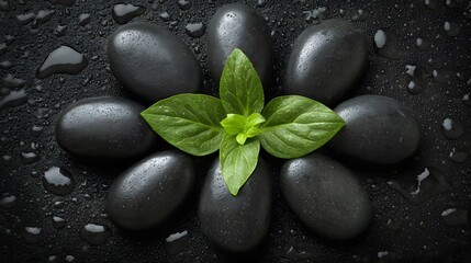 Arrangement of dark stones with a small plant.