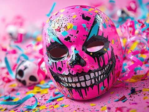 collection of playful party masks bright colors and exaggerated faces sits on table adorned confetti and streamers cheerful setting invites celebration and fun