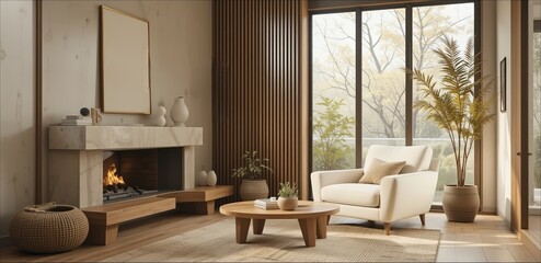 Fototapeta premium A cozy, modern living room featuring a sofa, armchair, coffee table, and large windows, perfect for home decor, real estate, interior design, or family room themes.