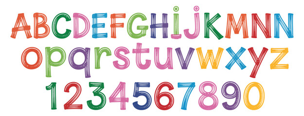 Vector art of a colorful handwritten alphabet and numbers isolated on white background, perfect for educational materials