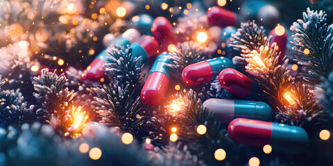 Creative New Year 2026 design made of colorful pills and capsules, decorated with festive Christmas ornaments and glowing lights, symbolizing health, hope, and celebration. Banner with copy space