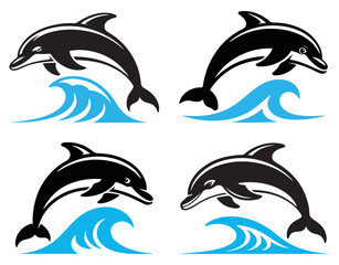 Jumping Dolphin Vector Icons with Ocean Wave Elements – Black and Blue Stylized Marine Set