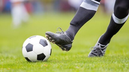 Fototapeta premium Soccer Player Kicking Ball on Grass Field During Outdoor Game