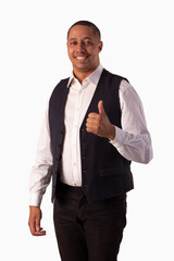 Adult male wearing elegant blazer, matching formal wear in studio shot with white background and making various facial expressions of mixed feelings