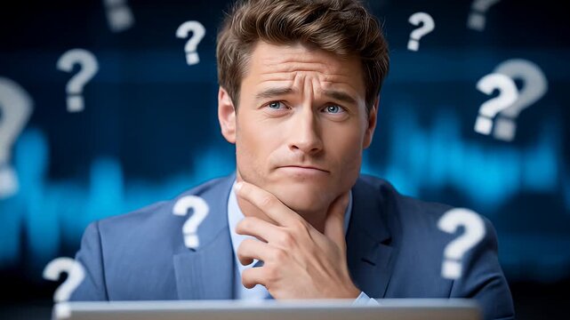 A man in a suit with a contemplative expression, surrounded by floating question marks