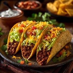 Tacos: A mouthwatering assortment of hard shell tacos is arranged on a plate. The close-up captures the textures, flavors and colors that evoke a sense of culinary satisfaction.