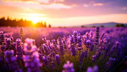 Fototapeta premium Vibrant Lavender Field Illuminated by the Warm Golden Glow of Sunset