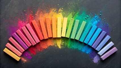 Vibrant rainbow arch of chalk sticks scattered with colorful powder on a dark surface