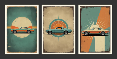 Set of car classic retro grunge poster illustration