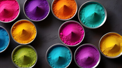 Holi color powder. Organic Gulal colours in bowl for Holi festival, Hindu tradition festive. Bright vibrant pigment closeup