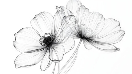 An elegant black and white minimalist line art drawing of two delicate, transparent anemone flowers.