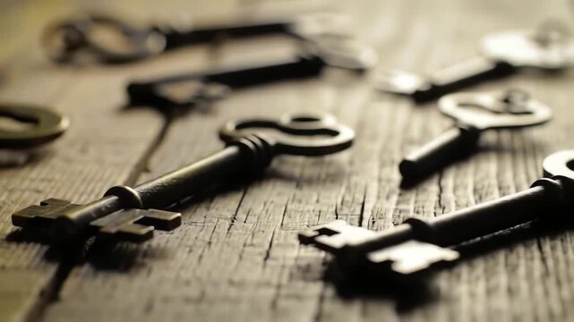 A collection of old vintage skeleton keys scattered across a rustic wooden table surface with a slow pan.