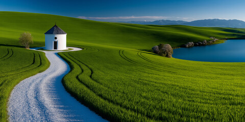 A breathtaking rural landscape featuring a winding white road leading to a small white building on a lush green hill, with a serene lake and distant mountains under a clear blue sky