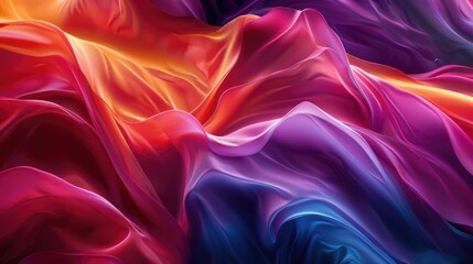 Obraz premium Abstract image of flowing, iridescent fabric in vibrant hues of red, orange, purple, and blue, creating a dynamic, wave-like pattern with smooth, glossy textures