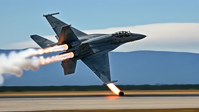 Fighter jet performing a sharp turn during takeoff, with smoke trails and mountains in the background