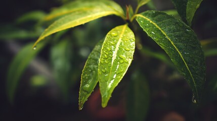 Close-up of vibrant green leaves covered in dew drops.