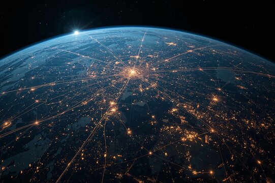 Stunning Earth view displaying global network connections and city lights from space at nighttime