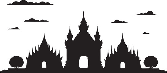 Black silhouette of Vientiane skyline, includes Patuxai Monument, temples, Lao city skyline on white background