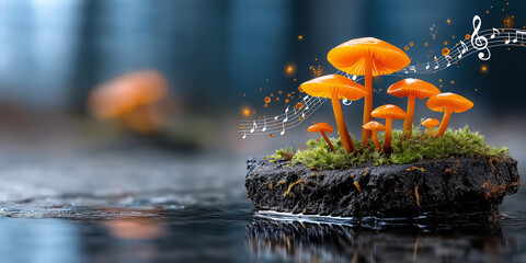 A mystical scene featuring a cluster of glowing orange mushrooms on a mossy rock, with musical notes and sparkling particles emanating from them, reflected in a wet surface against a blurred dark 